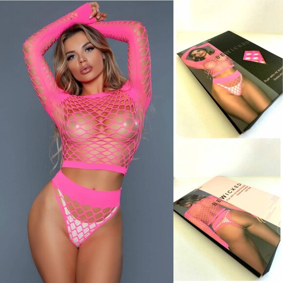 NWT Be Wicked sexy "Play with me" 2-piece fishnet lingerie set, Neon Pink - Picture 1 of 5